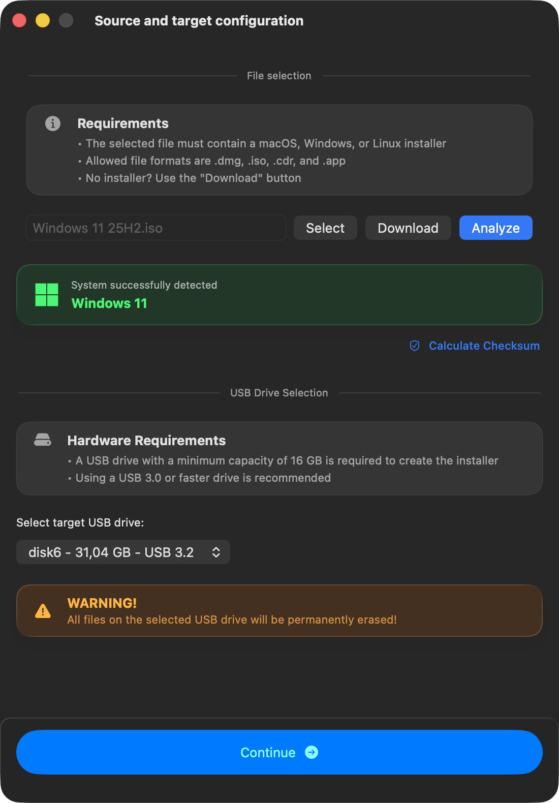 macUSB detection result for Windows 11