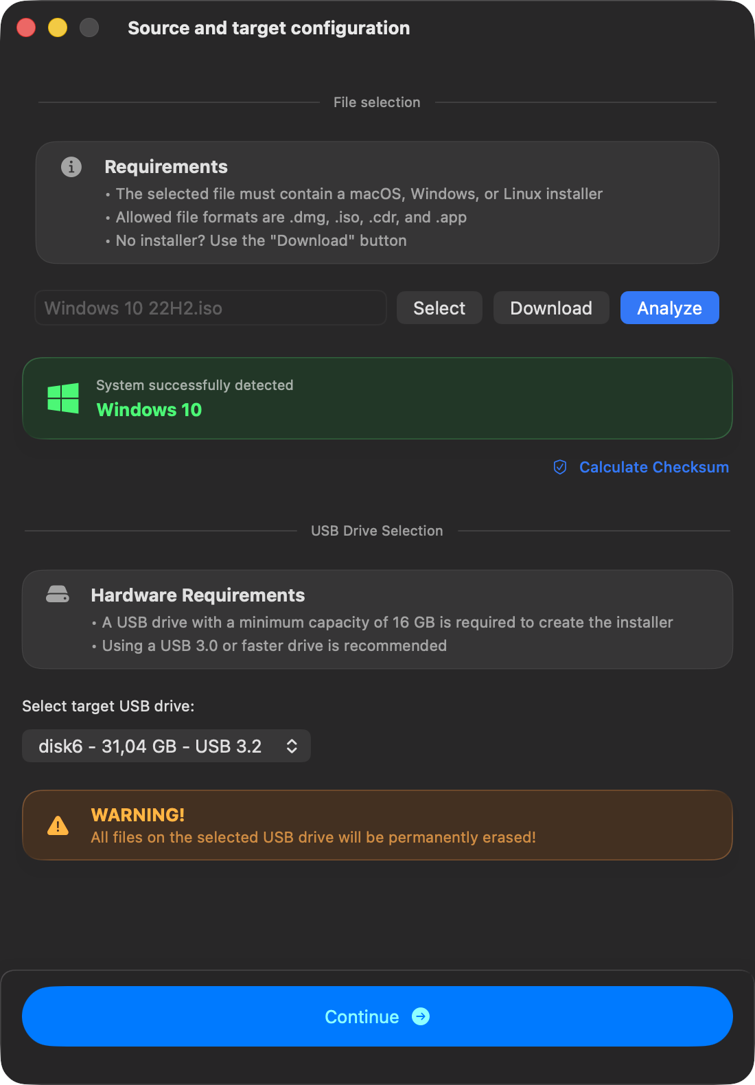 macUSB detection result for Windows 10