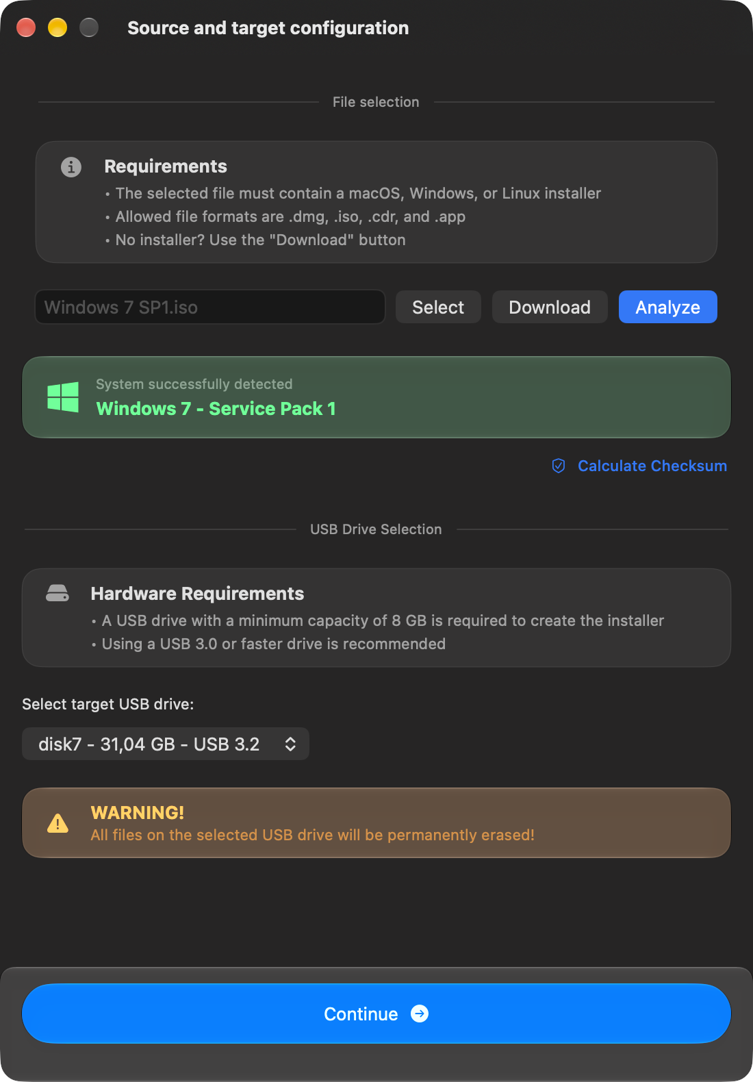 macUSB detection result for Windows 7