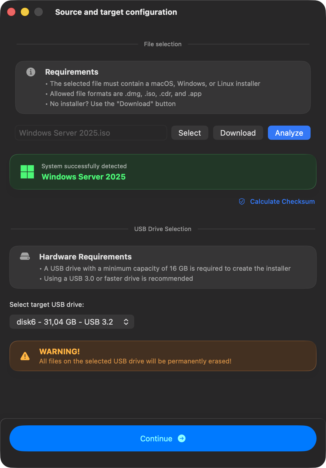macUSB detection result for Windows Server 2025
