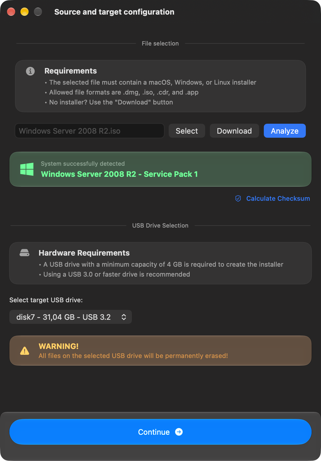 macUSB detection result for Windows Server 2008 R2