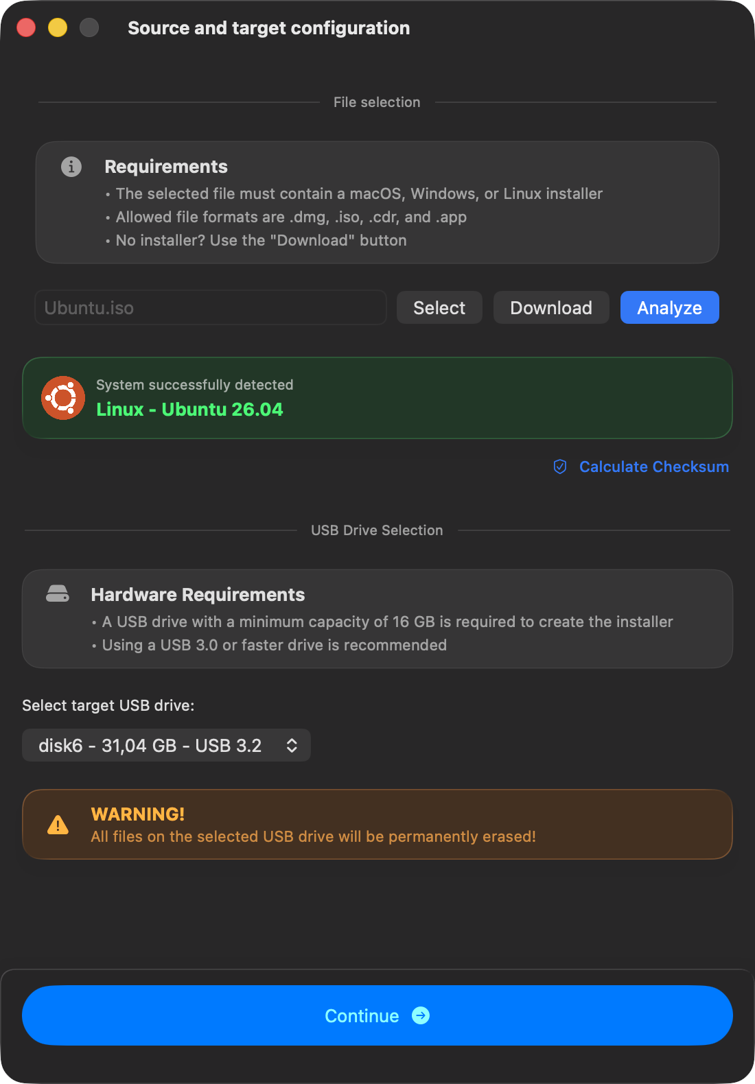 macUSB detection result for Ubuntu