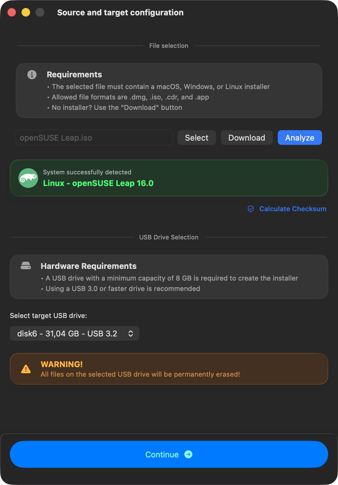 macUSB detection result for openSUSE Leap