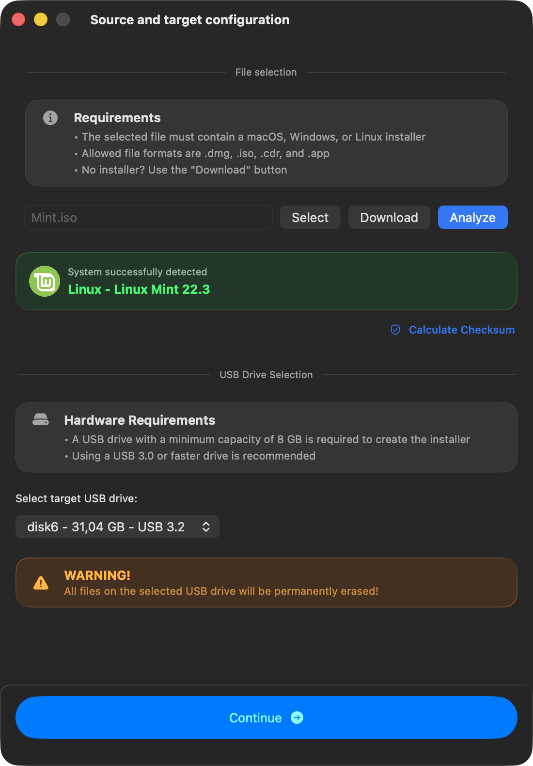 macUSB detection result for Linux Mint
